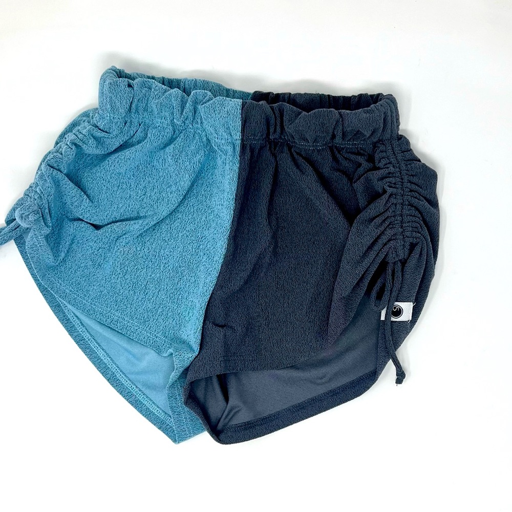 5 Dance Wear High Tie Shorts. Blue and Silver.